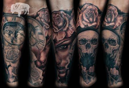 Ryan El Dugi Lewis - Clock Skull Rose Girl Leg Sleeve